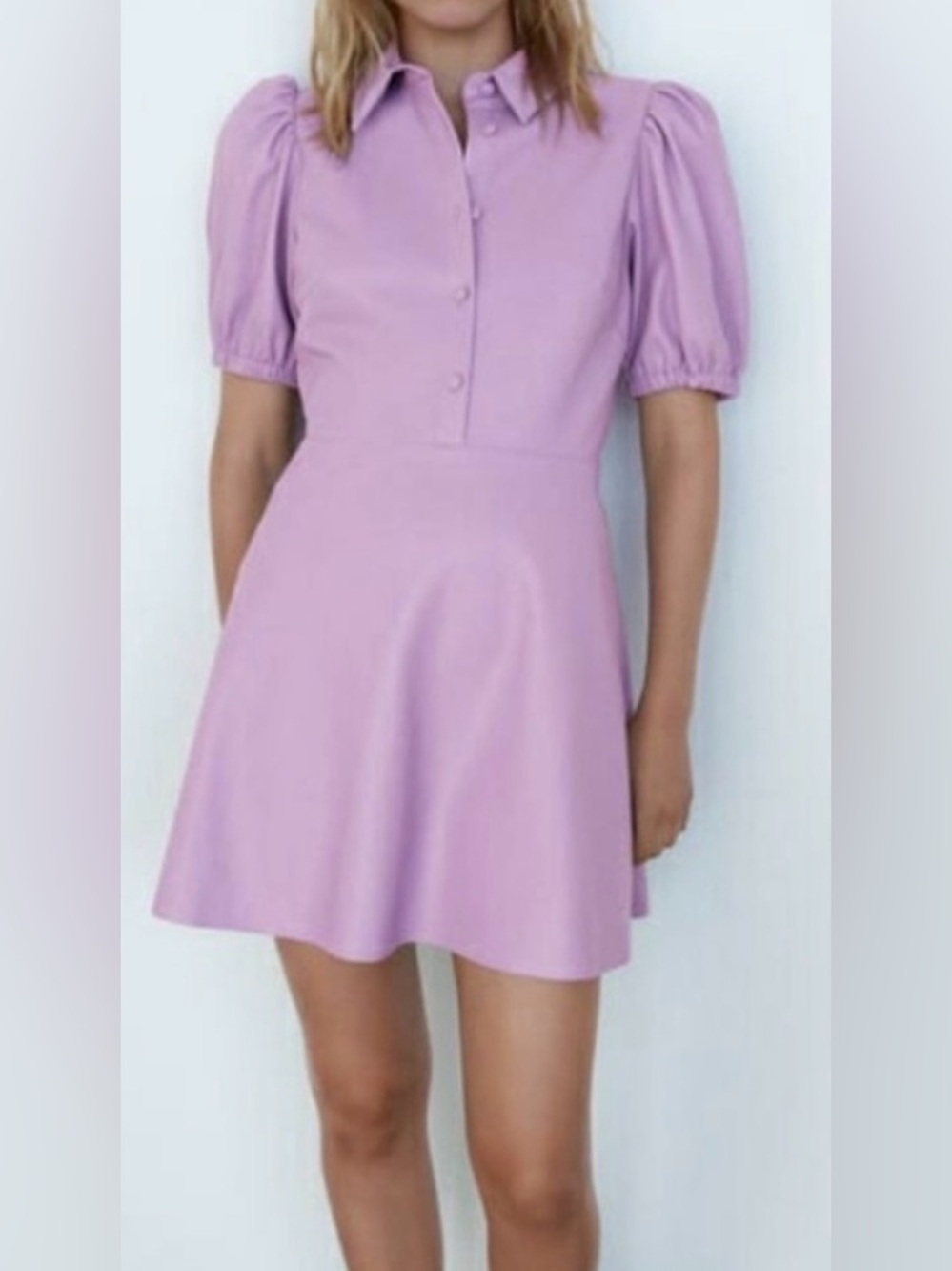 Zara Faux Leather Lilac Puff Sleeve Mauve Mini Dress - Picture 8 of 8